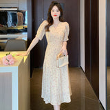 Cheongsam Mid-length Bubble Slim V-neck Short Sleeve Slim Fit Slimming Dress