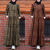 Ethnic Style Cotton And Linen Printed Loose Waist Brown Dress