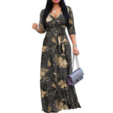 European And American Leisure Fashion Flower Printed V-neck Middle Sleeve Large Swing Dress